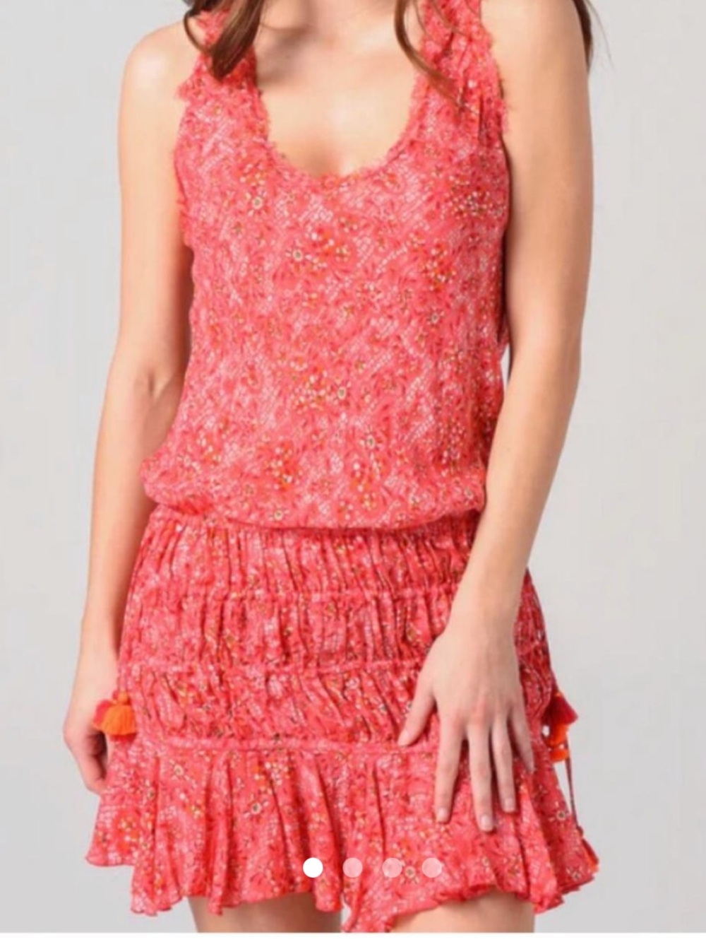 Poupette St. Barth Pink Red Floral Tiered Tassel Dress